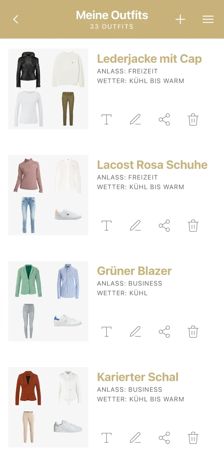 Liste aller Outfits